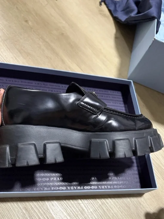 Prada Black Patent Leather Lug-Sole Penny Loafers - Picture 5 of 6